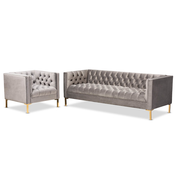 Baxton Studio Zanetta Gray Velvet Gold Finished 2-Piece Sofa and Lounge Chair Set 153-9689-8324